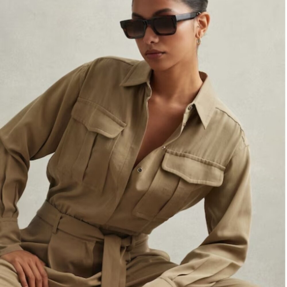 REISS Liliana Lyocell Wide Leg Jumpsuit in Khaki US 2 NWT - Picture 2 of 6